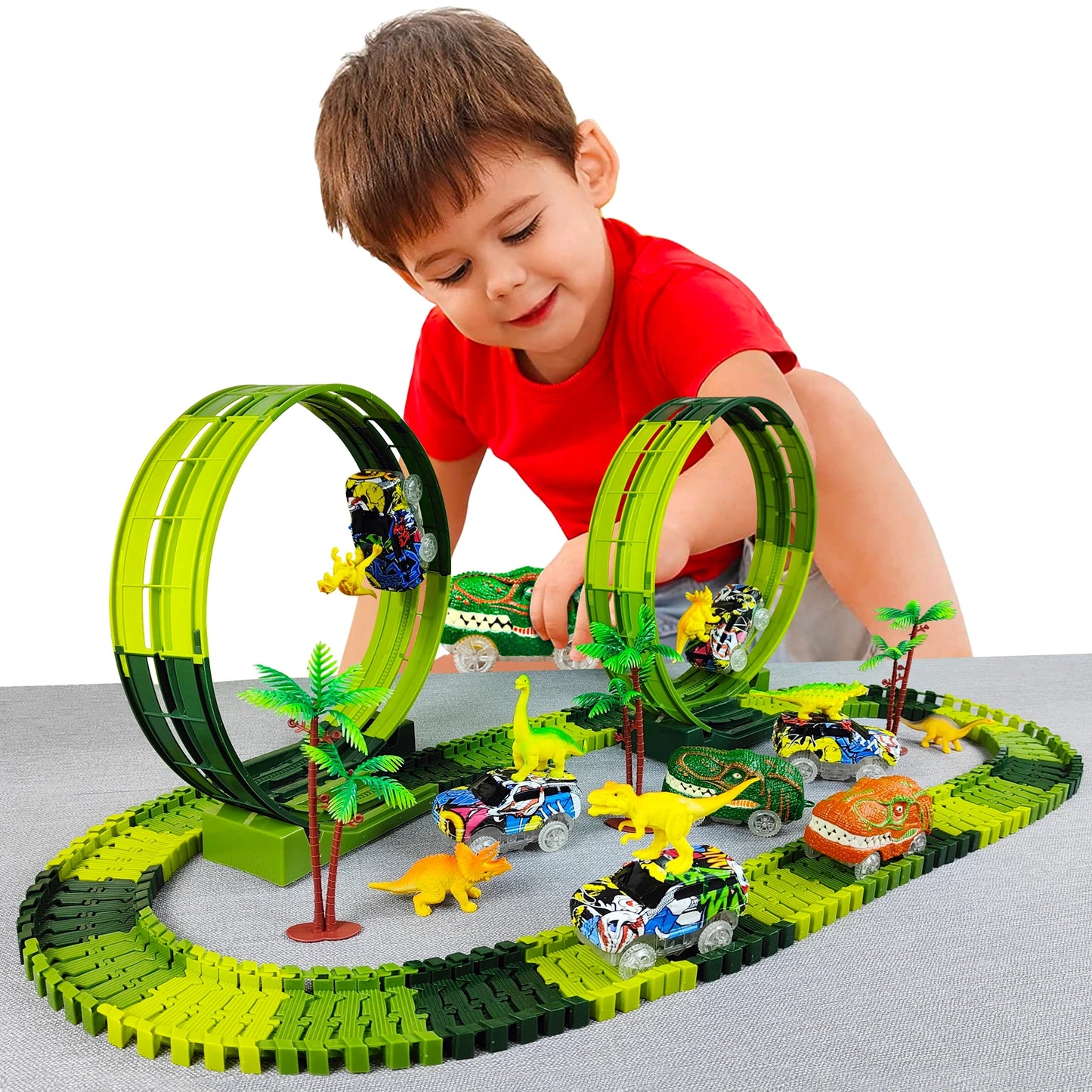 Electric Dinosaur Car Track Set with Flexible Race Track and Flashing Lights - High-Quality Toy for Kids