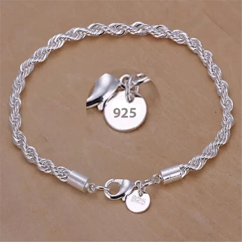 925 Sterling Silver 4MM Twisted Rope Bracelets for Women Men Fashion Minimalist Couple Chain Bracelet Male Silver Jewelry Gifts