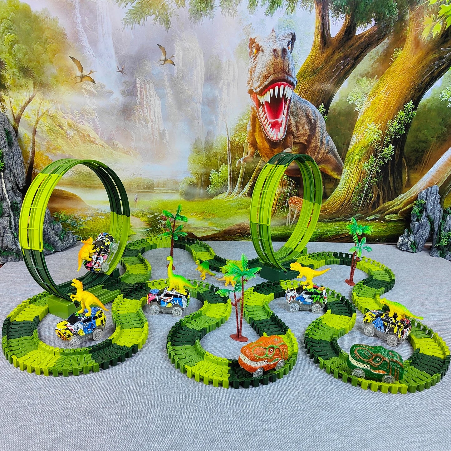 Electric Dinosaur Car Track Set with Flexible Race Track and Flashing Lights - High-Quality Toy for Kids