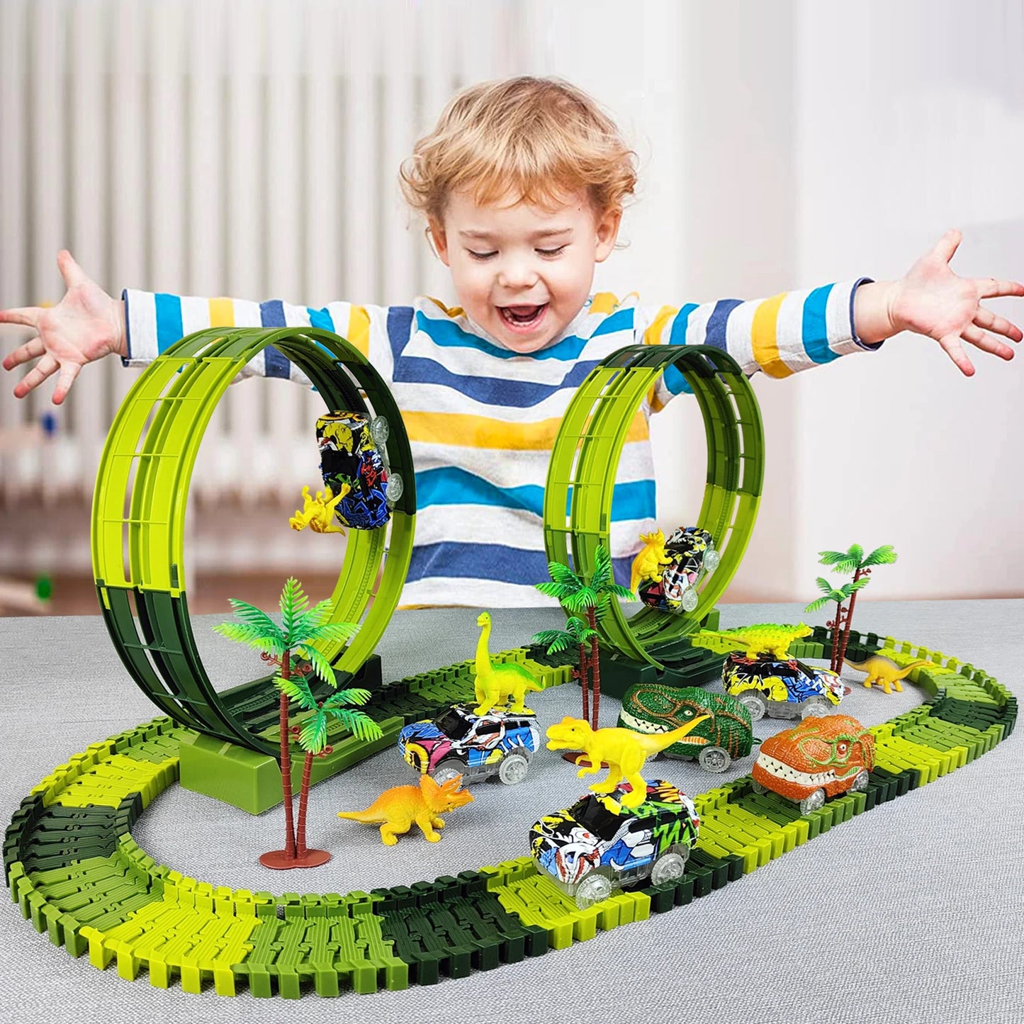 Electric Dinosaur Car Track Set with Flexible Race Track and Flashing Lights - High-Quality Toy for Kids