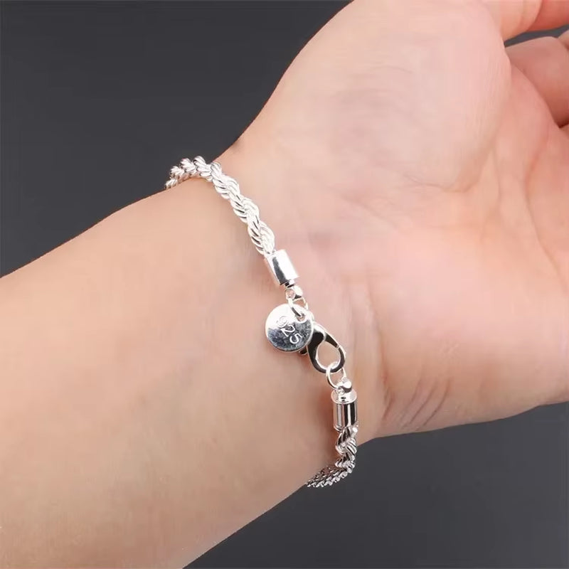 925 Sterling Silver 4MM Twisted Rope Bracelets for Women Men Fashion Minimalist Couple Chain Bracelet Male Silver Jewelry Gifts