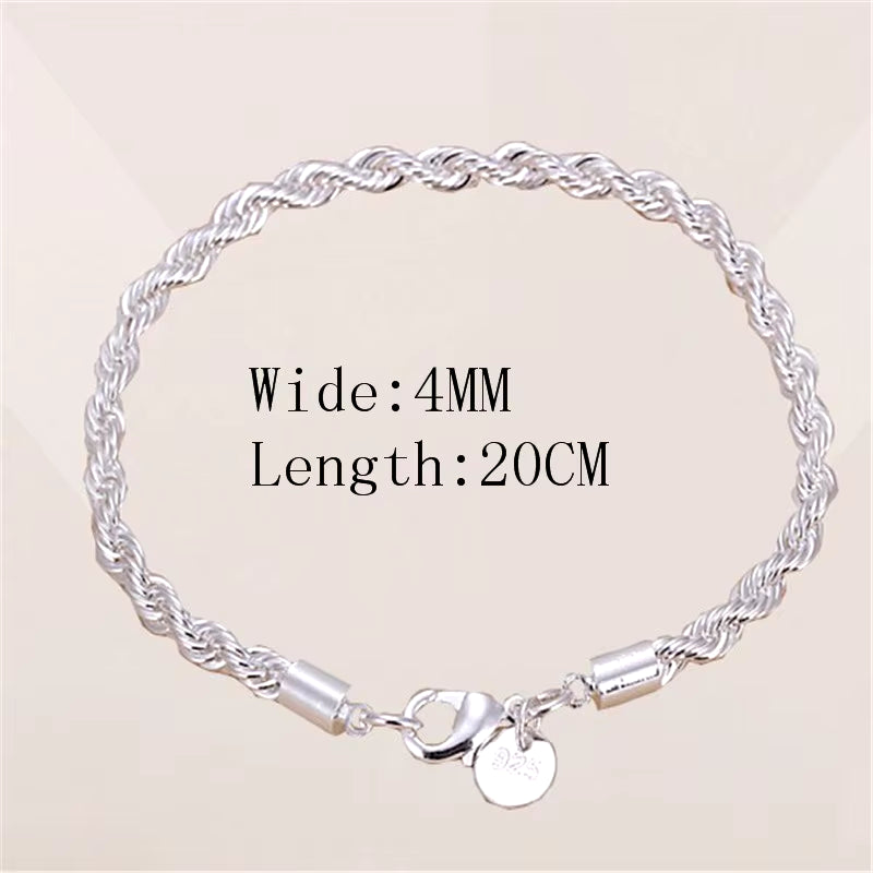 925 Sterling Silver 4MM Twisted Rope Bracelets for Women Men Fashion Minimalist Couple Chain Bracelet Male Silver Jewelry Gifts