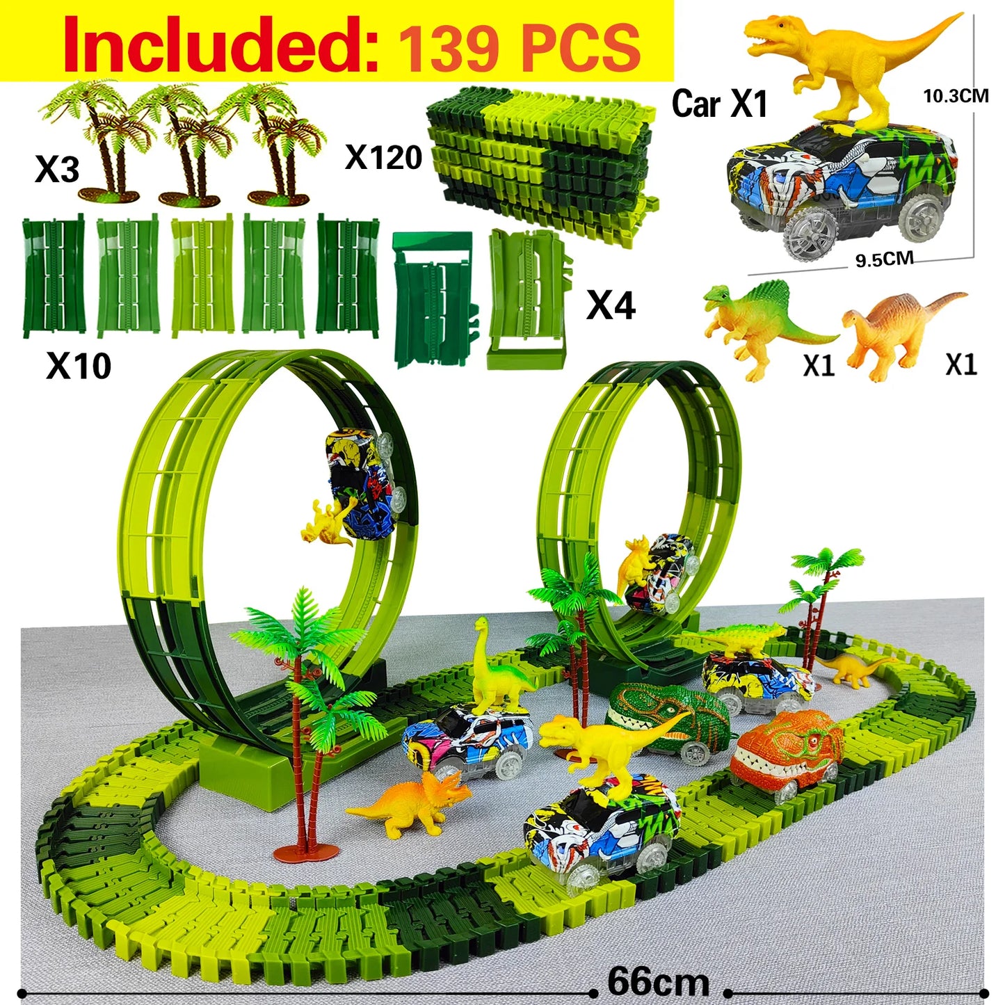 Electric Dinosaur Car Track Set with Flexible Race Track and Flashing Lights - High-Quality Toy for Kids