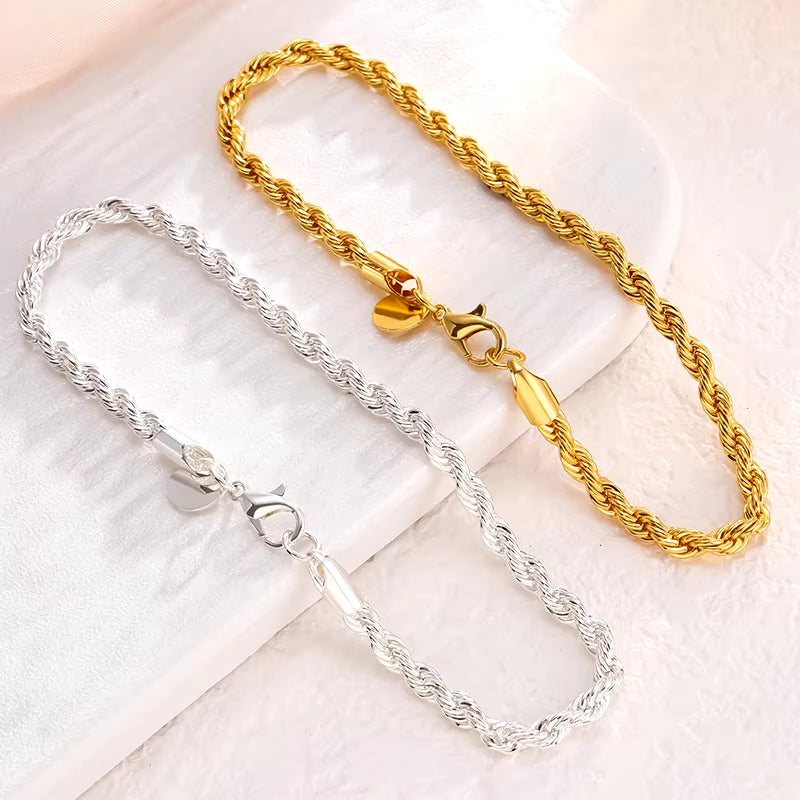 925 Sterling Silver 4MM Twisted Rope Bracelets for Women Men Fashion Minimalist Couple Chain Bracelet Male Silver Jewelry Gifts