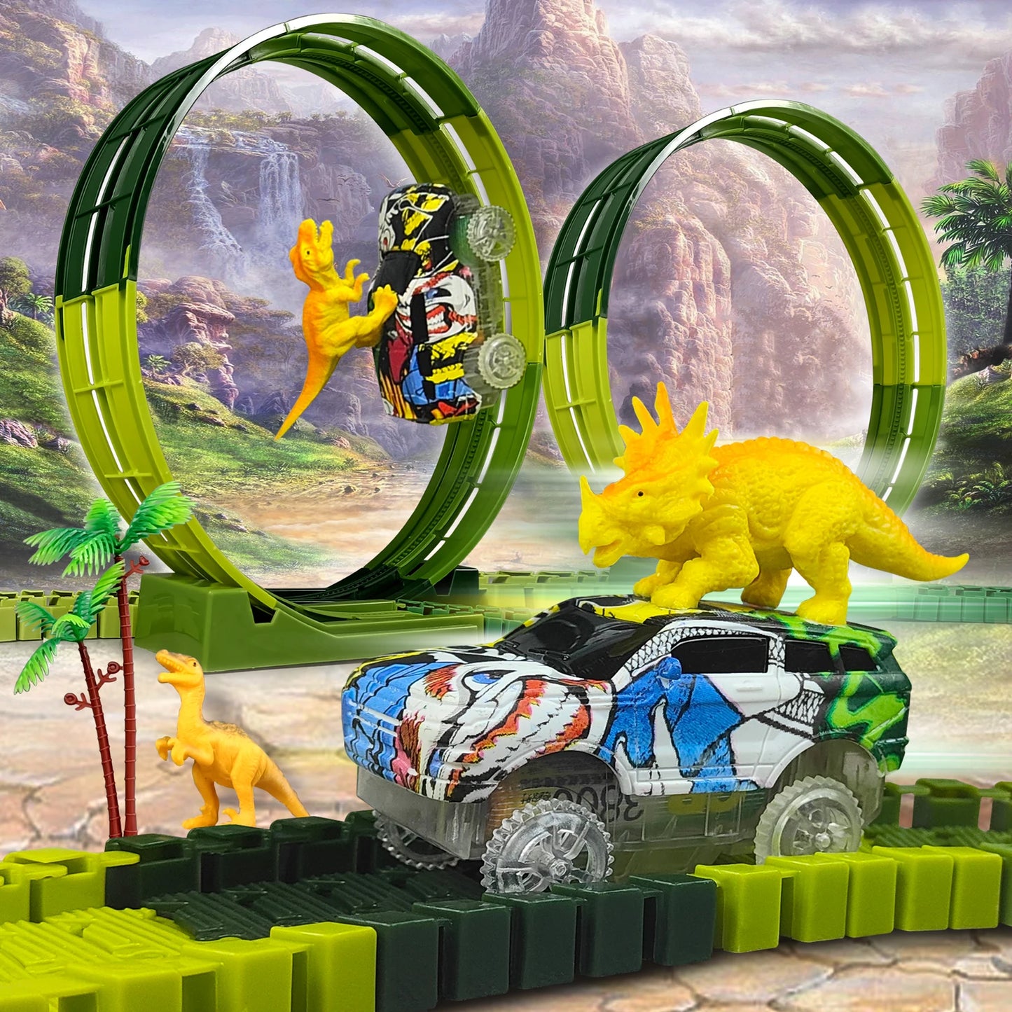 Electric Dinosaur Car Track Set with Flexible Race Track and Flashing Lights - High-Quality Toy for Kids