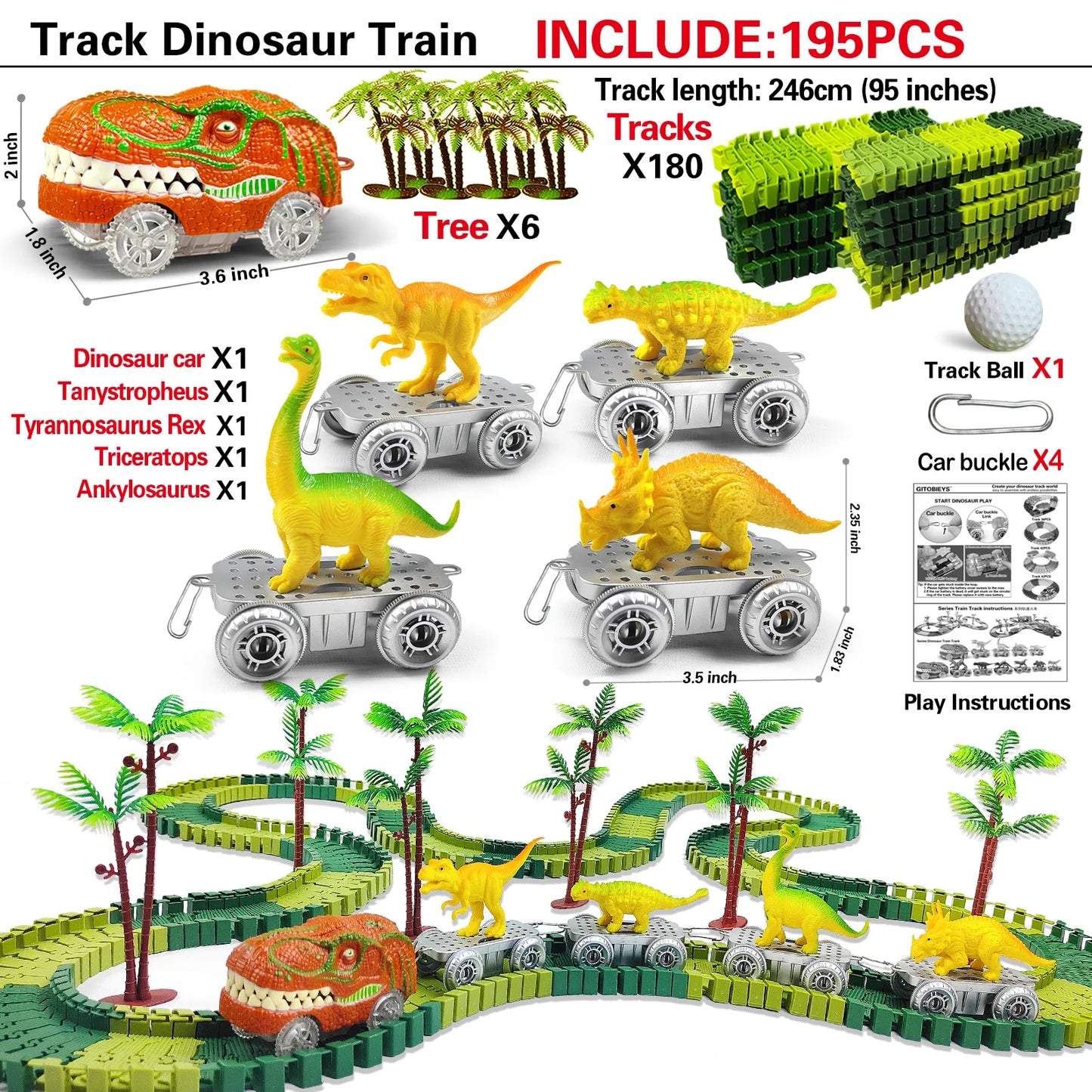 Electric Dinosaur Car Track Set with Flexible Race Track and Flashing Lights - High-Quality Toy for Kids
