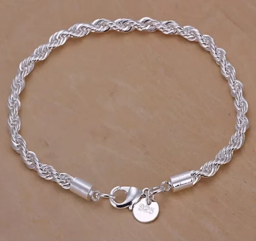 925 Sterling Silver 4MM Twisted Rope Bracelets for Women Men Fashion Minimalist Couple Chain Bracelet Male Silver Jewelry Gifts