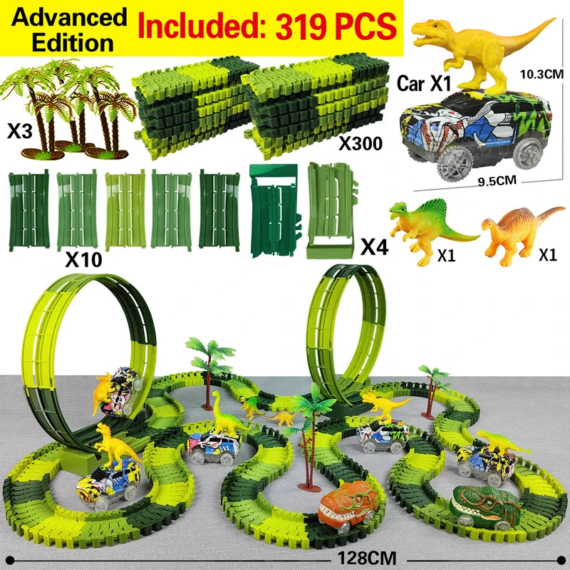 Electric Dinosaur Car Track Set with Flexible Race Track and Flashing Lights - High-Quality Toy for Kids