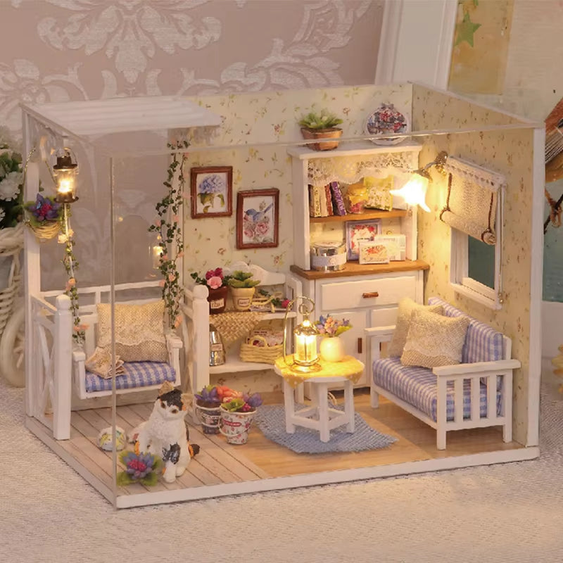 Kitten Mini Wooden Doll House Model Building Kits Toy Home Kit Creative Room Bedroom Decoration with Furniture for Birthday Gift