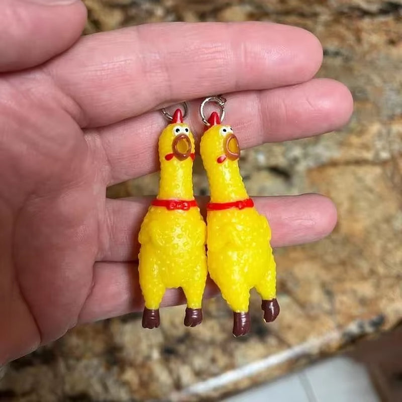 1Pair Squawking Rubber Chicken Earrings- Rooster Chick Novelty Gag Joke Jewelry