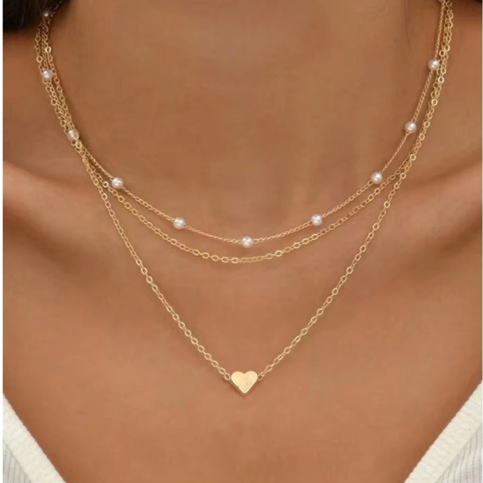 FTCY 3Pcs Women'S Pearl Necklace Set 14K Gold Fashion Love Heart Pendant Waterproof Hypoallergenic Collarbone Neck Chain Jewelry