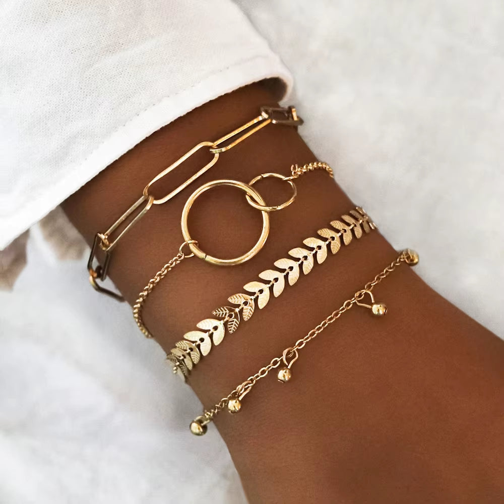 4Pcs Punk Curb Cuban Chain Bracelets Set for Women Simple Thick Gold Color Charm Bracelets Fashion Jewelry Accessories New