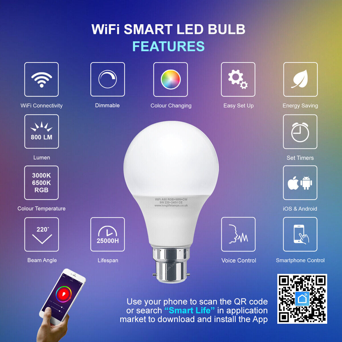 Transform Your Space with the WiFi RGB Smart LED Light Bulb – Compatible with iOS, Android, Amazon Alexa & Google Home