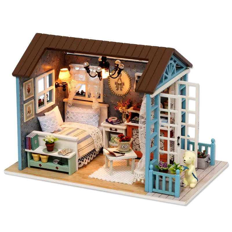 Kitten Mini Wooden Doll House Model Building Kits Toy Home Kit Creative Room Bedroom Decoration with Furniture for Birthday Gift