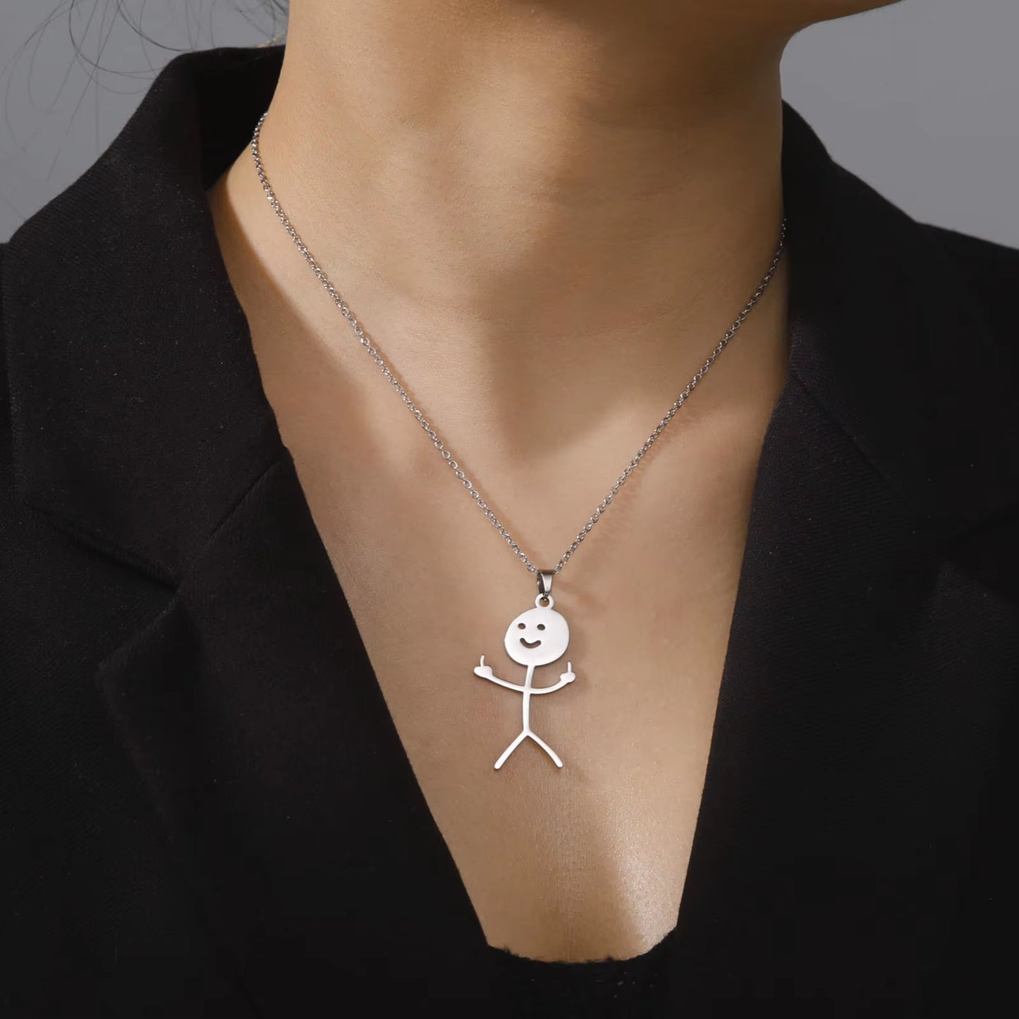 Hip Hop Middle Finger Stickman Necklace Rock Punk Funny Doodle Pendant Necklace for Women Men Trend Jewelry Gift