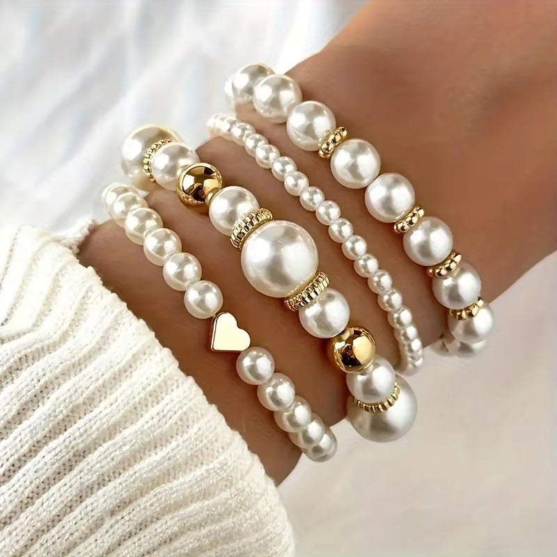 Beautiful and Versatile Pearl Love Women'S Bracelet Set of 4 Ins, High Grade, Elegant and Fashionable Jewelry