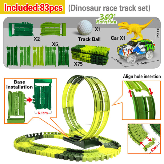 Electric Dinosaur Car Track Set with Flexible Race Track and Flashing Lights - High-Quality Toy for Kids