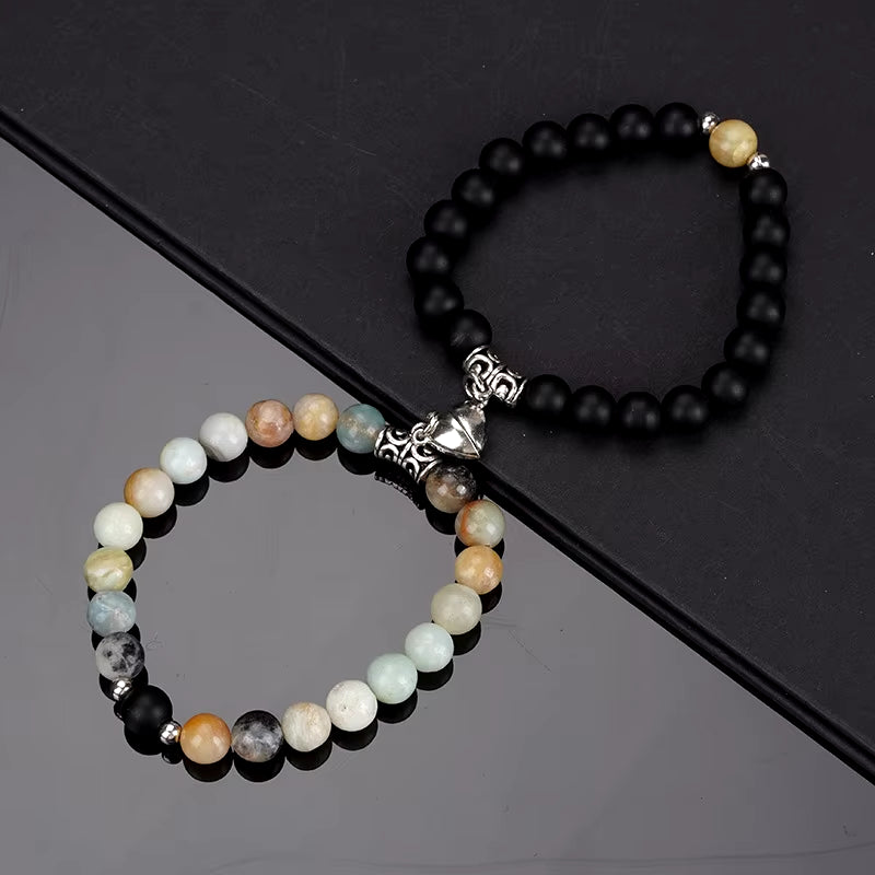 2Pcs/Set Beads Bracelet for Lovers Natural Stone Distance Heart Magnet Couple Bracelets Friendship Fashion Jewelry Gift