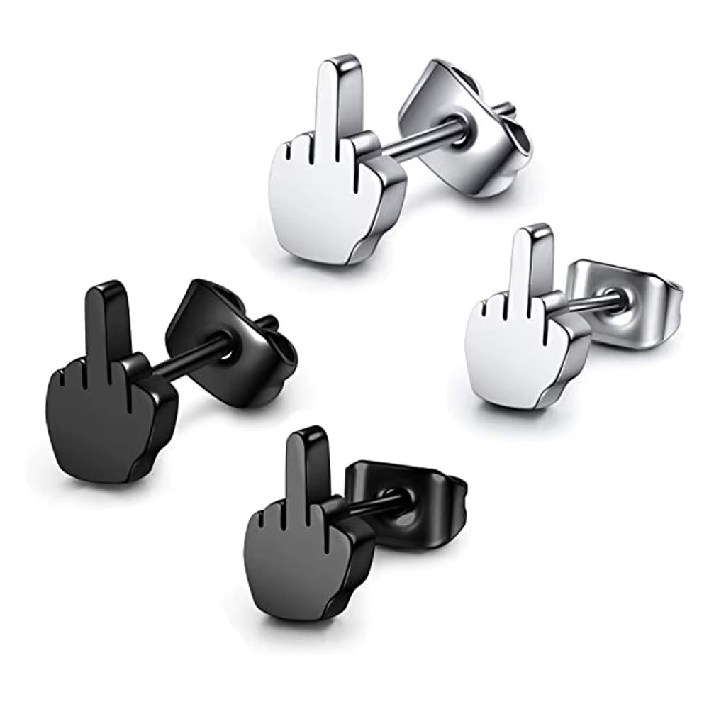 2Pcs Stainless Steel Black Middle Finger up Women Men Ear Jewelry Studs Earring Punk Cool Gold Silver Plated