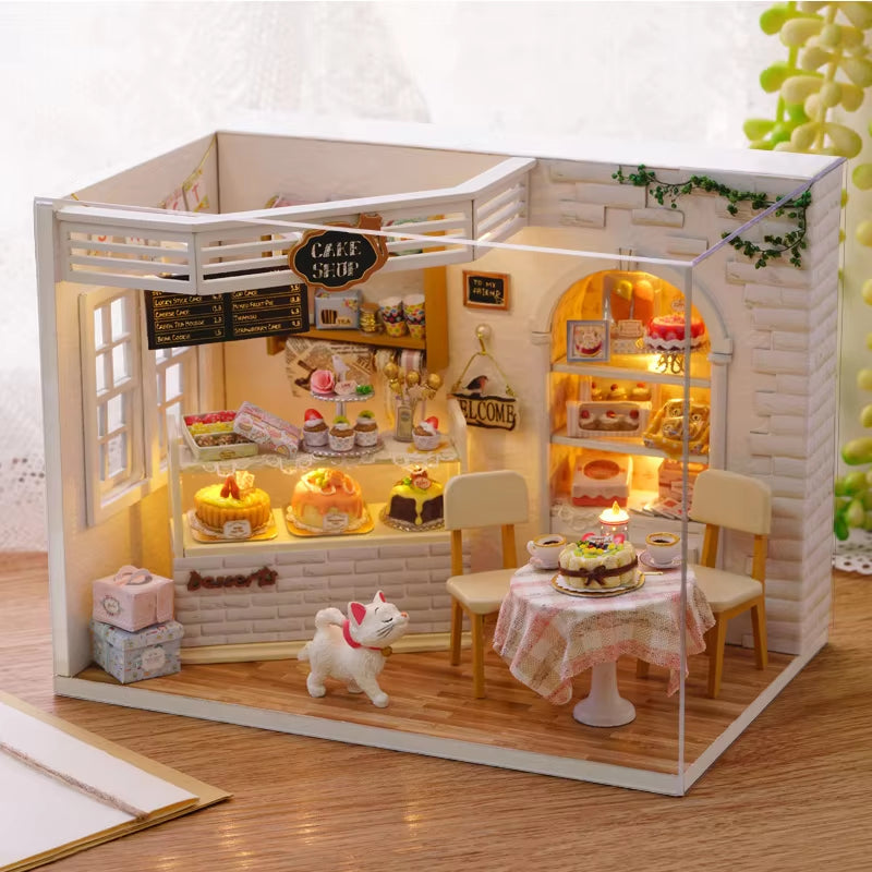 Kitten Mini Wooden Doll House Model Building Kits Toy Home Kit Creative Room Bedroom Decoration with Furniture for Birthday Gift