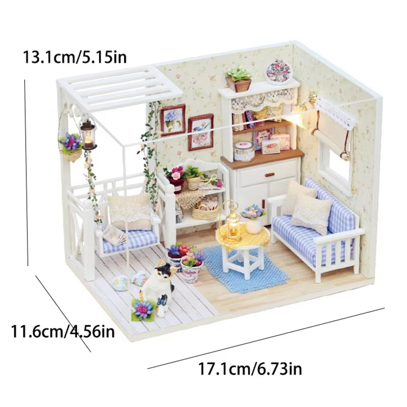 Kitten Mini Wooden Doll House Model Building Kits Toy Home Kit Creative Room Bedroom Decoration with Furniture for Birthday Gift