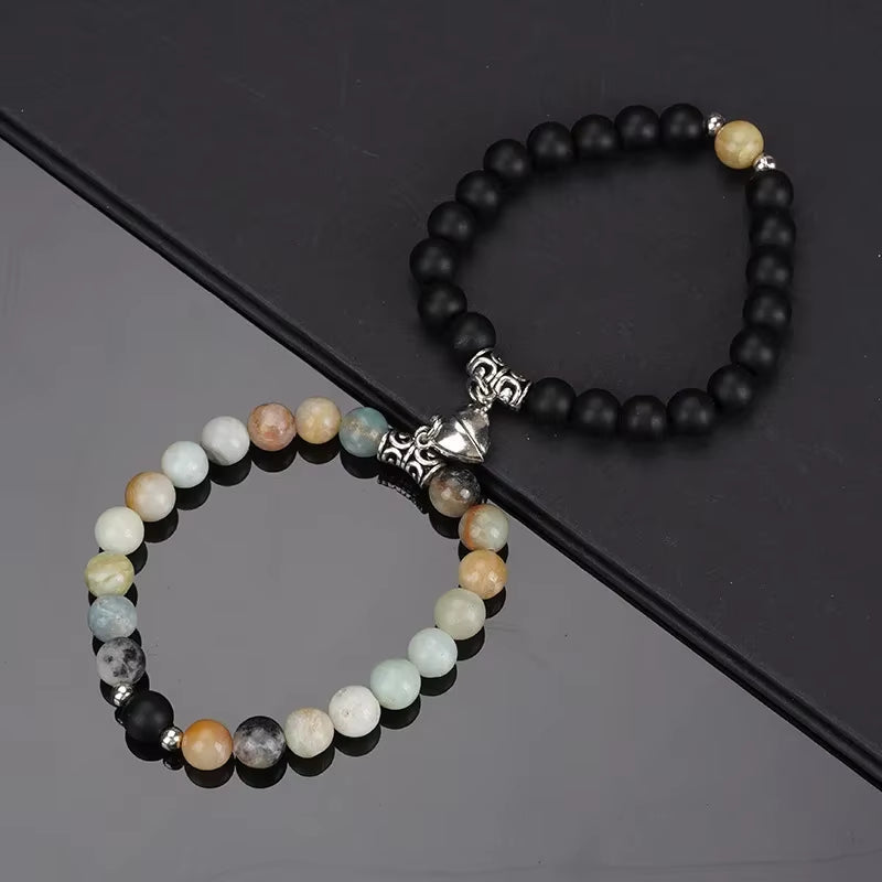 2Pcs/Set Beads Bracelet for Lovers Natural Stone Distance Heart Magnet Couple Bracelets Friendship Fashion Jewelry Gift