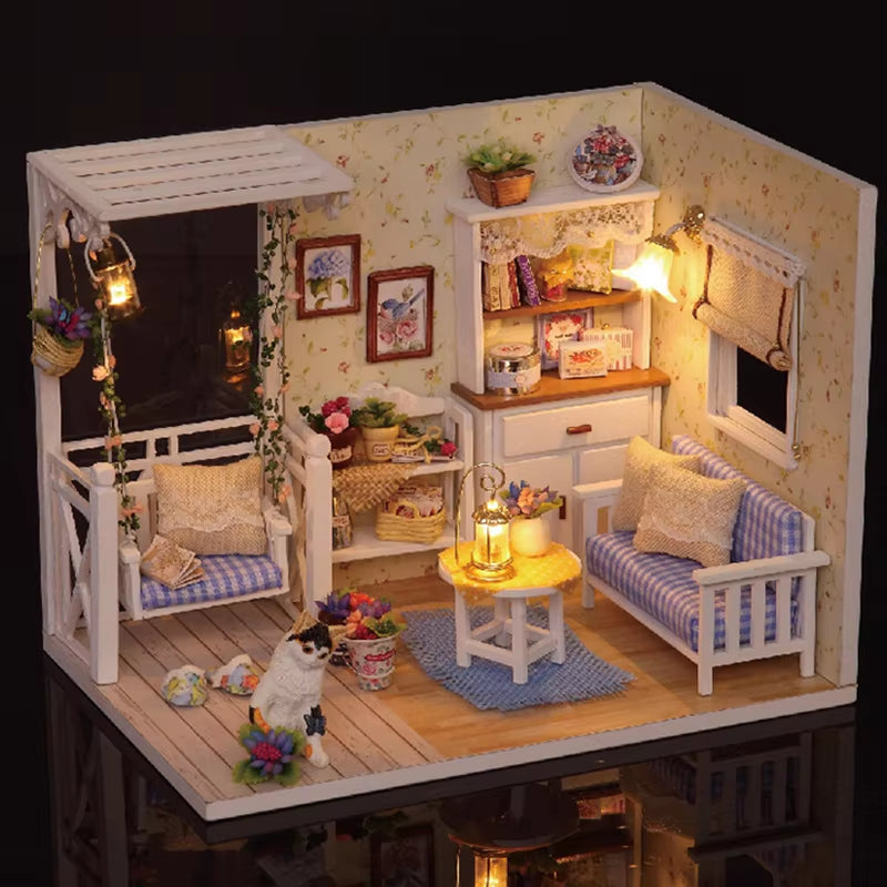 Kitten Mini Wooden Doll House Model Building Kits Toy Home Kit Creative Room Bedroom Decoration with Furniture for Birthday Gift