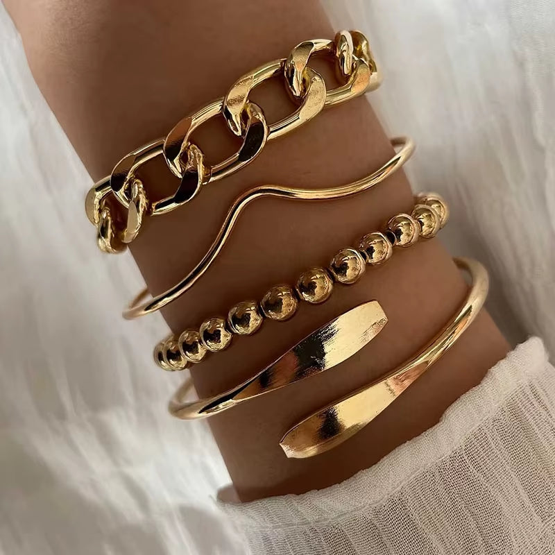 4Pcs Punk Curb Cuban Chain Bracelets Set for Women Simple Thick Gold Color Charm Bracelets Fashion Jewelry Accessories New