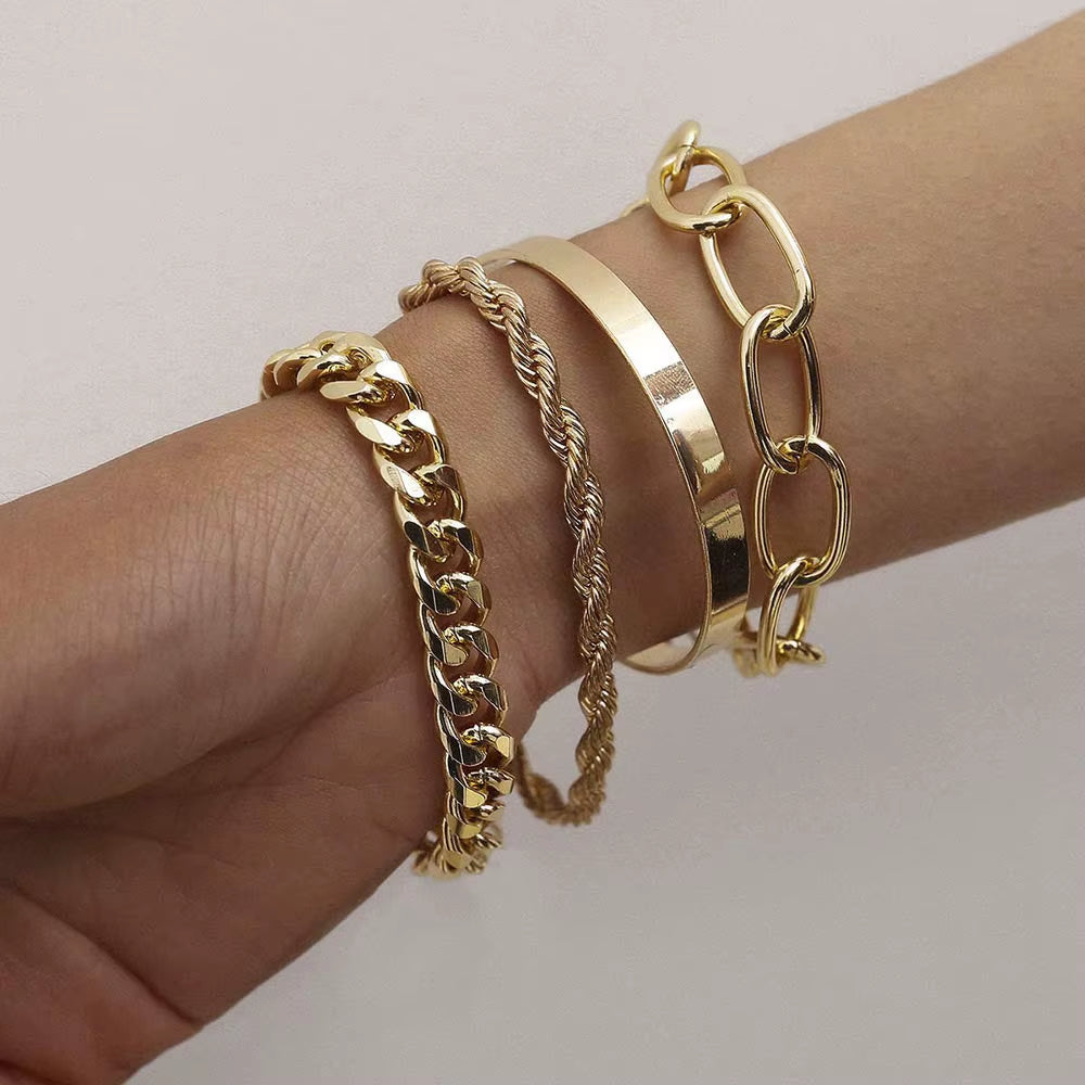 4Pcs Punk Curb Cuban Chain Bracelets Set for Women Simple Thick Gold Color Charm Bracelets Fashion Jewelry Accessories New