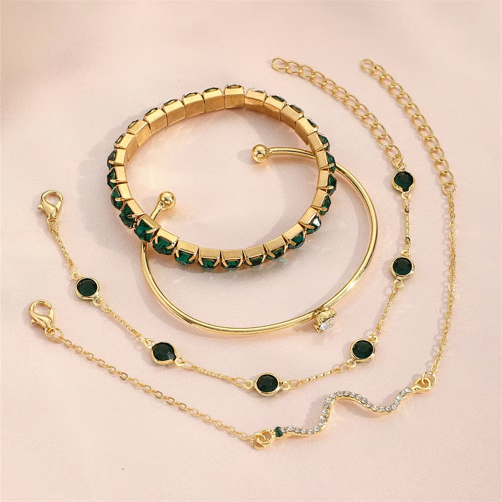 4Pcs/Set Fashion Snake Green Gemstone Bangle Rhinestone Full Metal Bracelet for Women Birthday Party Christmas Gift Jewerly