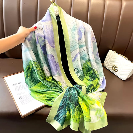 Luxury Silk Scarf Women Designer Van Gogh Oil Painting Tree Silk Shawls Pashmina Ladies Wraps Scarves Foulard New