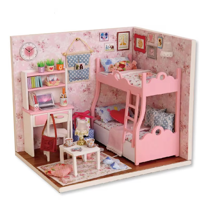 Kitten Mini Wooden Doll House Model Building Kits Toy Home Kit Creative Room Bedroom Decoration with Furniture for Birthday Gift