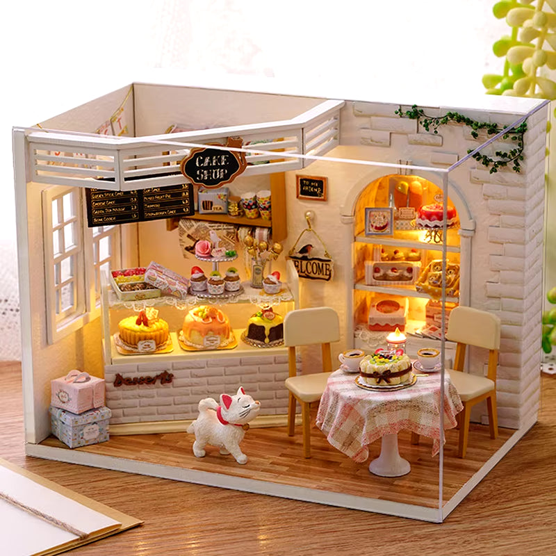 Kitten Mini Wooden Doll House Model Building Kits Toy Home Kit Creative Room Bedroom Decoration with Furniture for Birthday Gift