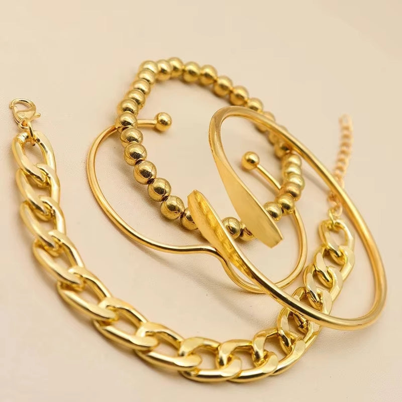 4Pcs Punk Curb Cuban Chain Bracelets Set for Women Simple Thick Gold Color Charm Bracelets Fashion Jewelry Accessories New