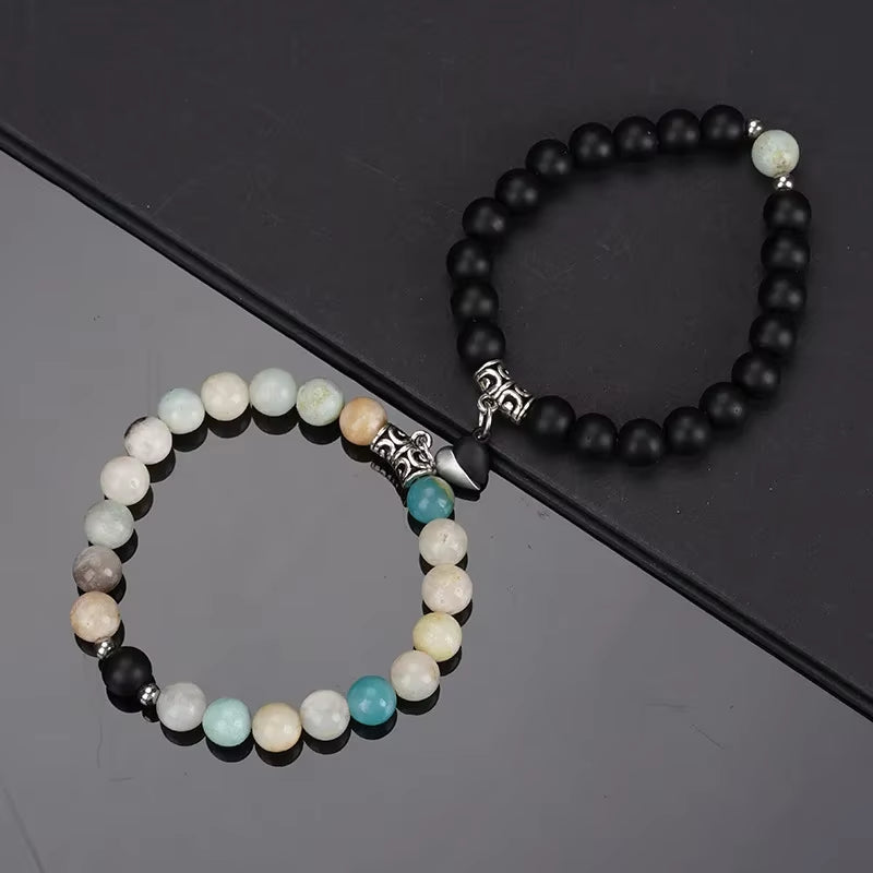 2Pcs/Set Beads Bracelet for Lovers Natural Stone Distance Heart Magnet Couple Bracelets Friendship Fashion Jewelry Gift