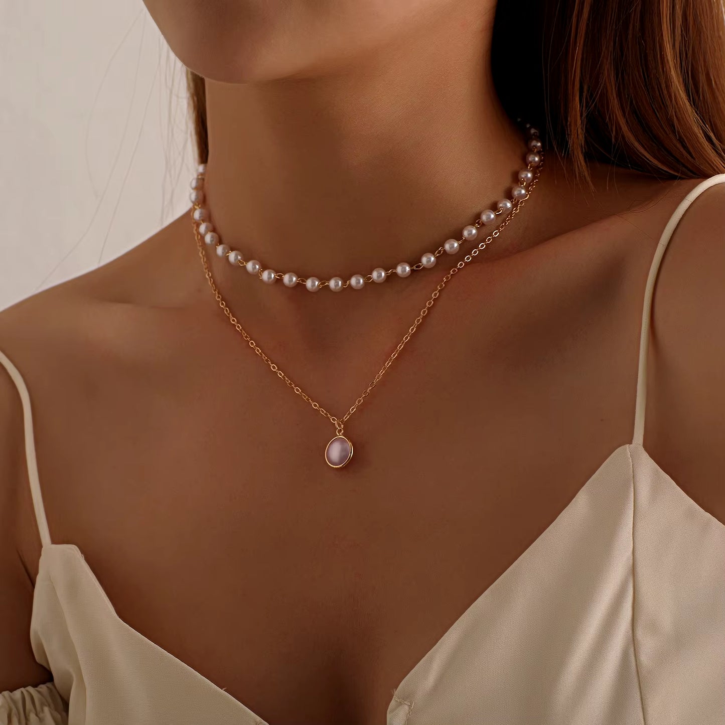 Simple Pearl Choker Necklaces for Women Fashion Double Layer Chain Small Love Heart Pendant Necklace Jewelry Gift Wholesale