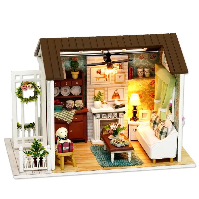 Kitten Mini Wooden Doll House Model Building Kits Toy Home Kit Creative Room Bedroom Decoration with Furniture for Birthday Gift