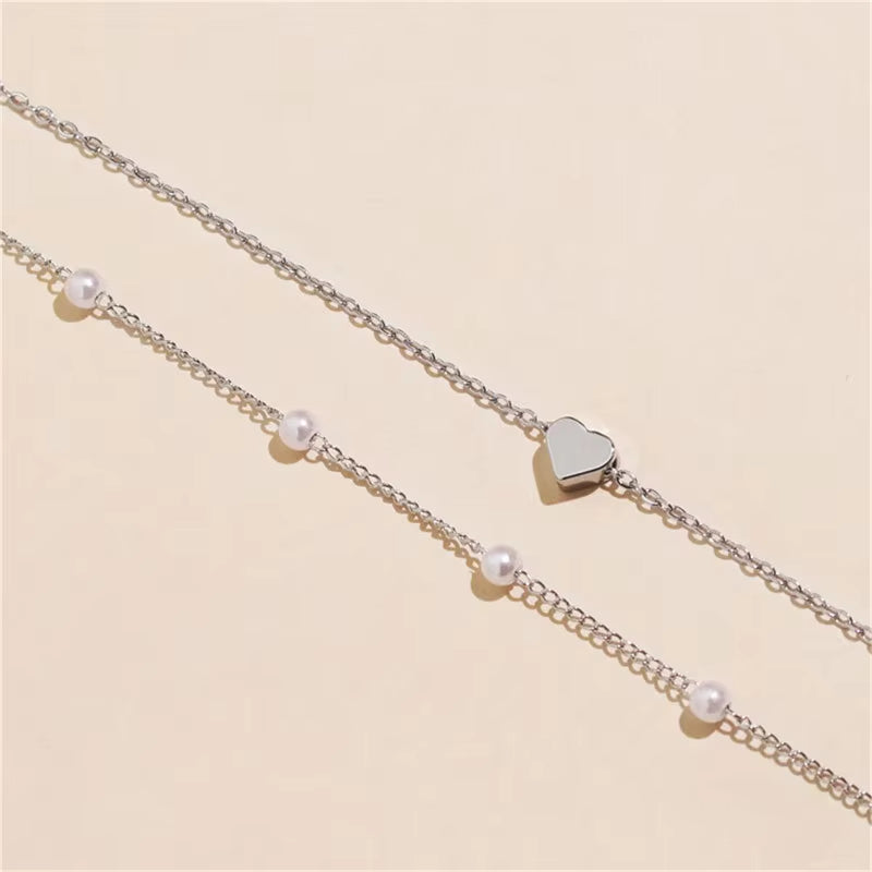 Simple Pearl Choker Necklaces for Women Fashion Double Layer Chain Small Love Heart Pendant Necklace Jewelry Gift Wholesale