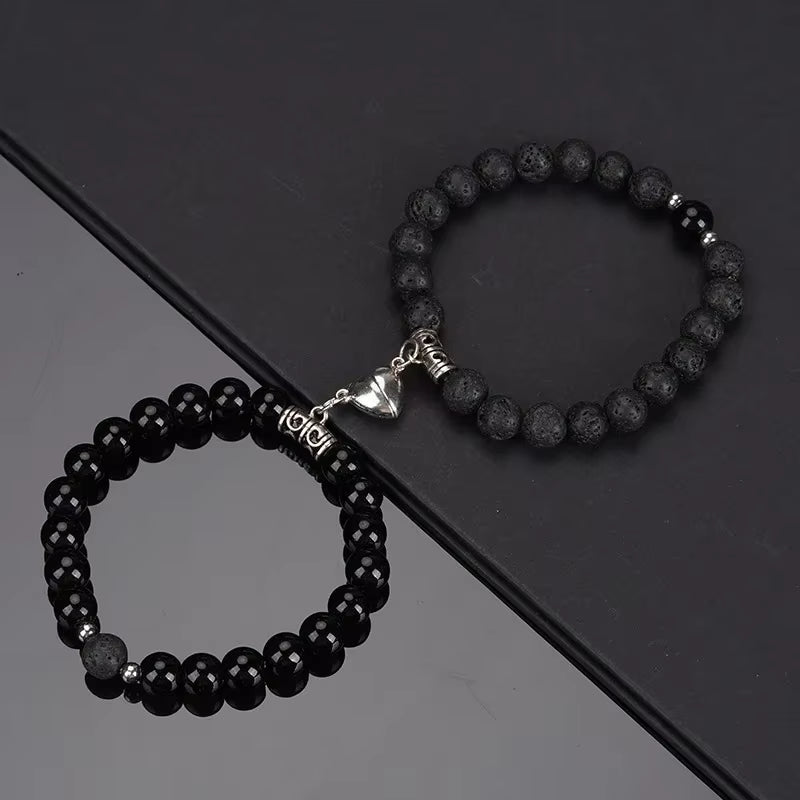 2Pcs/Set Beads Bracelet for Lovers Natural Stone Distance Heart Magnet Couple Bracelets Friendship Fashion Jewelry Gift