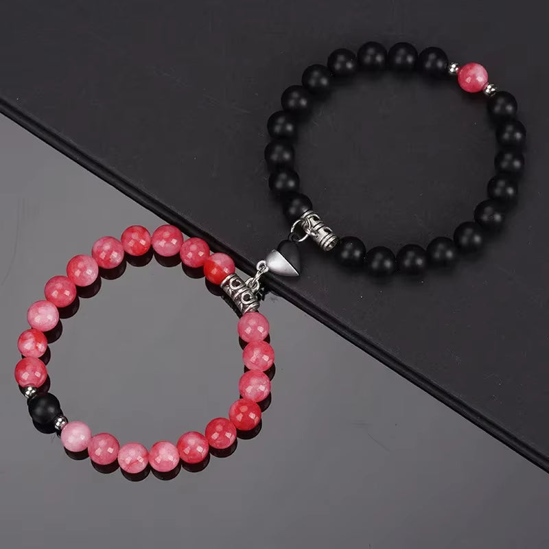 2Pcs/Set Beads Bracelet for Lovers Natural Stone Distance Heart Magnet Couple Bracelets Friendship Fashion Jewelry Gift