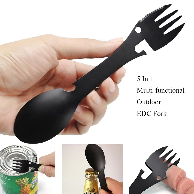 Outdoor Survival Tools 5 in 1 Camping Multi-Functional EDC Kit Practical Fork Knife Spoon Bottle/Can Opener