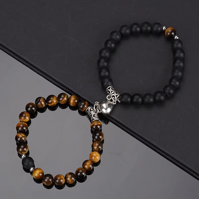 2Pcs/Set Beads Bracelet for Lovers Natural Stone Distance Heart Magnet Couple Bracelets Friendship Fashion Jewelry Gift