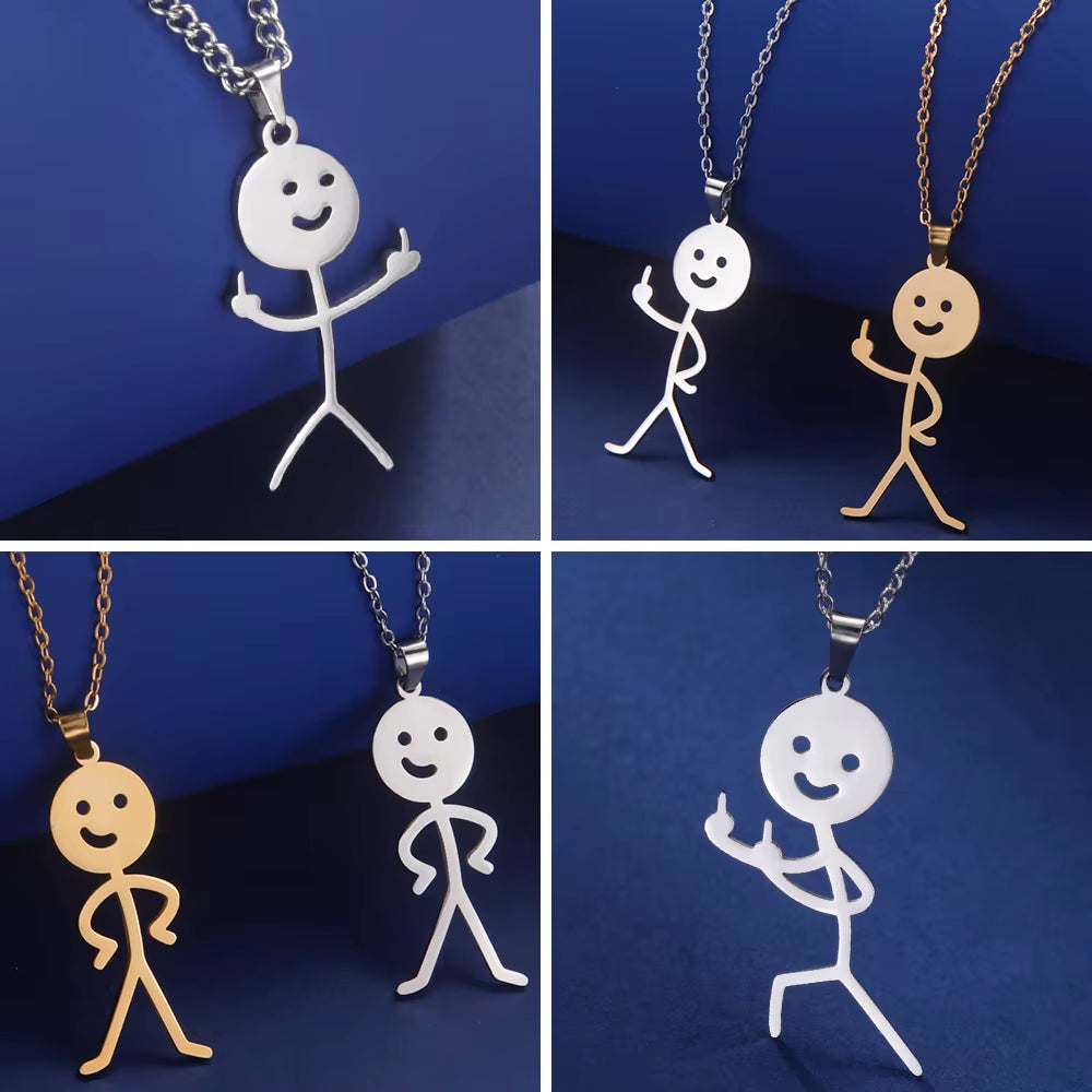 Hip Hop Middle Finger Stickman Necklace Rock Punk Funny Doodle Pendant Necklace for Women Men Trend Jewelry Gift