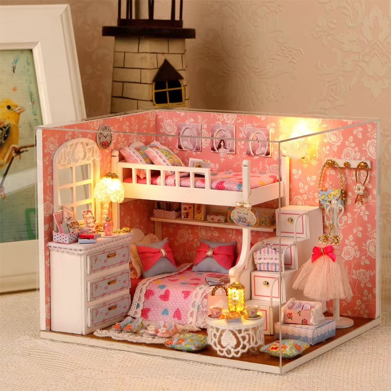 Kitten Mini Wooden Doll House Model Building Kits Toy Home Kit Creative Room Bedroom Decoration with Furniture for Birthday Gift