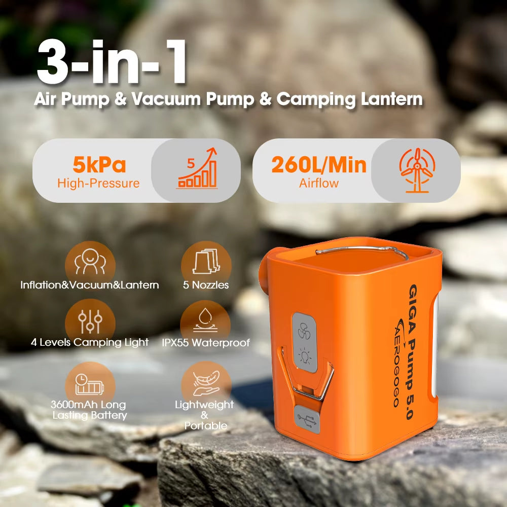 GIGA PUMP 5.0 - Portable 5Kpa Air Pump with Inflate, Deflate, and Light Functions for Quick and Easy Outdoor Camping