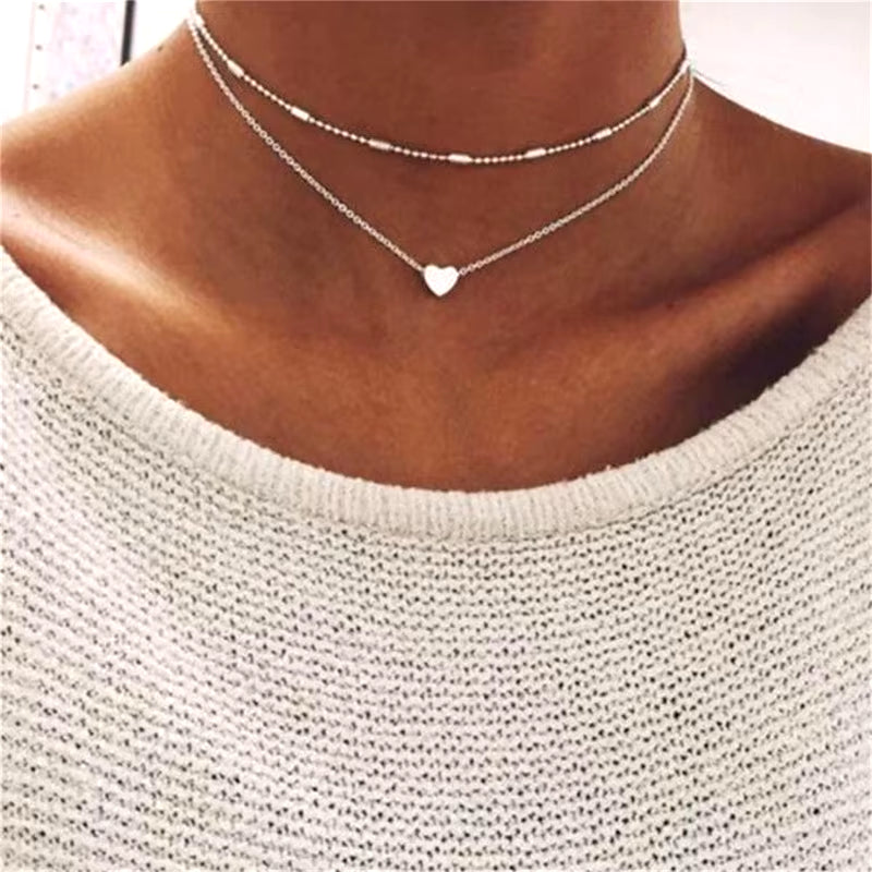 Simple Pearl Choker Necklaces for Women Fashion Double Layer Chain Small Love Heart Pendant Necklace Jewelry Gift Wholesale