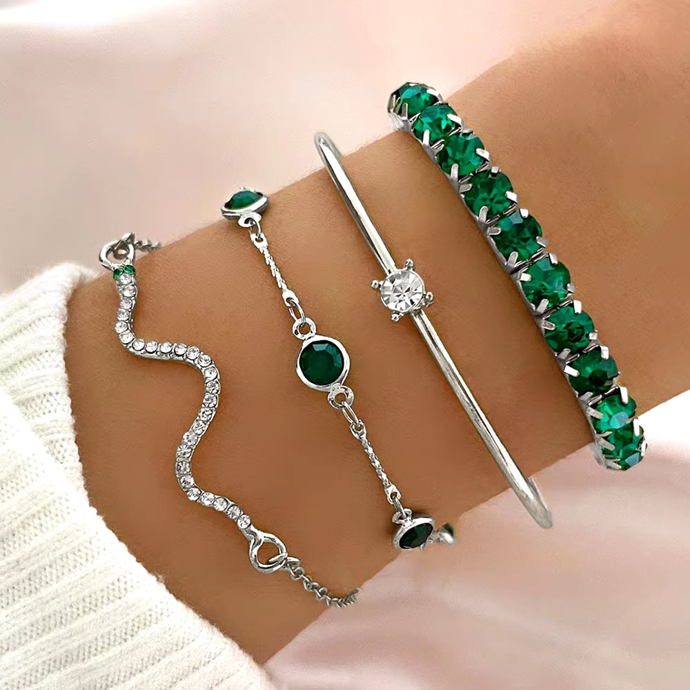 4Pcs/Set Fashion Snake Green Gemstone Bangle Rhinestone Full Metal Bracelet for Women Birthday Party Christmas Gift Jewerly