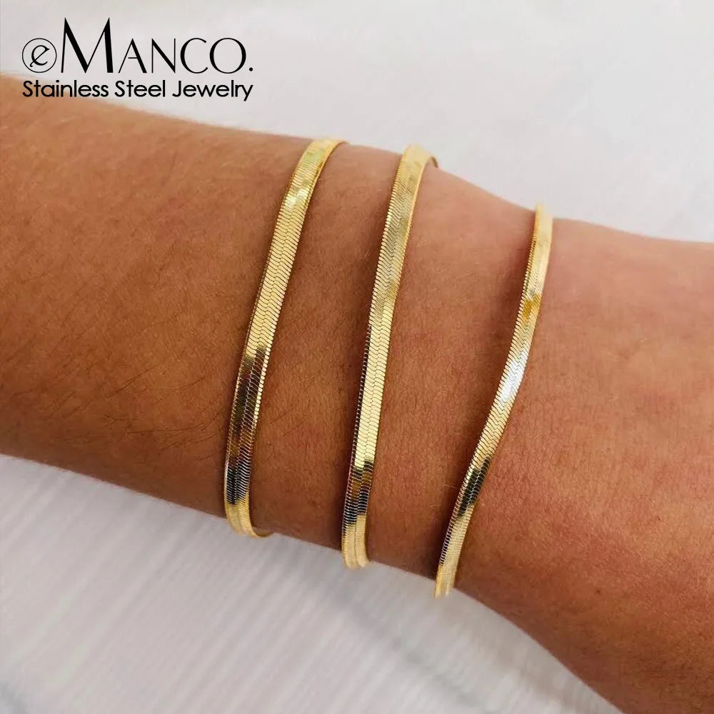 Emanco Women Trend Classic Snake Chain Bracelet Gold Color Width 2/3/4/5MM Stainless Steel Chain Bracelet for Women Jewelry Gift