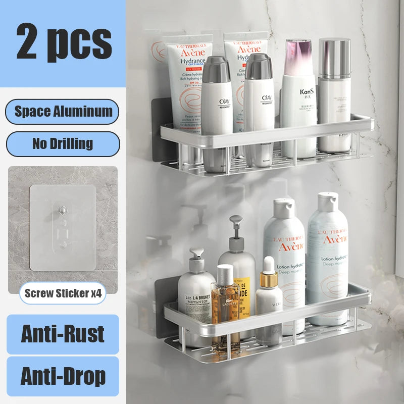 Bathroom Shelf Makeup Storage Organizer Aluminum Alloy Shampoo Rack Shower Shelf Bathroom Accessories No Drill Wall Shelf