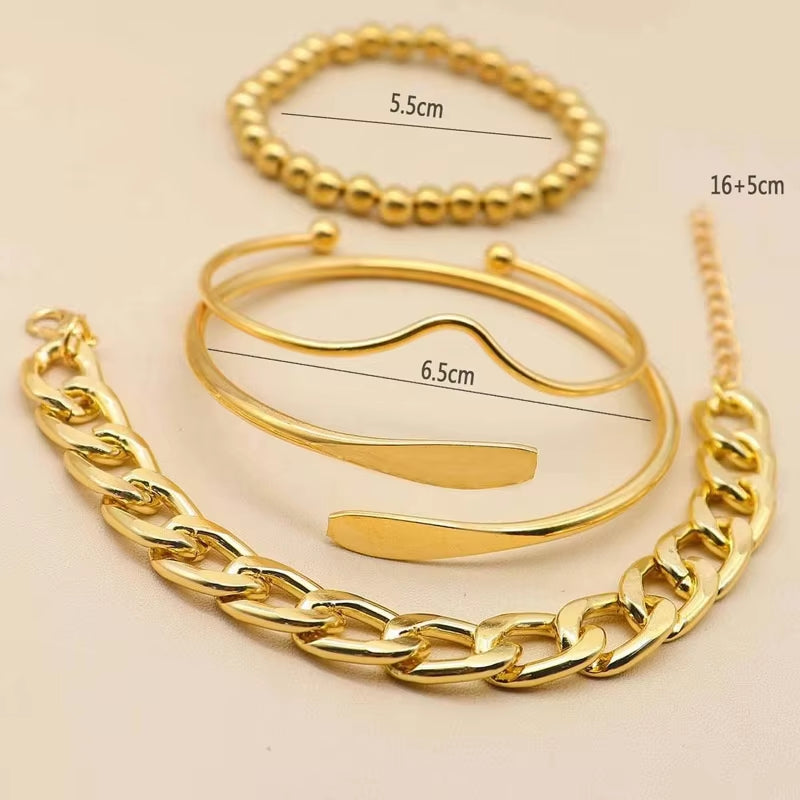 4Pcs Punk Curb Cuban Chain Bracelets Set for Women Simple Thick Gold Color Charm Bracelets Fashion Jewelry Accessories New